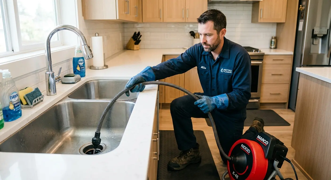 Drain cleaning technician using a motorized snake on a kitchen sink in Mila Doce