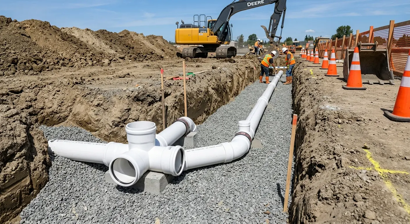 New PVC sewer pipe installation in open trench for Grease Trap Cleaning in Mila Doce