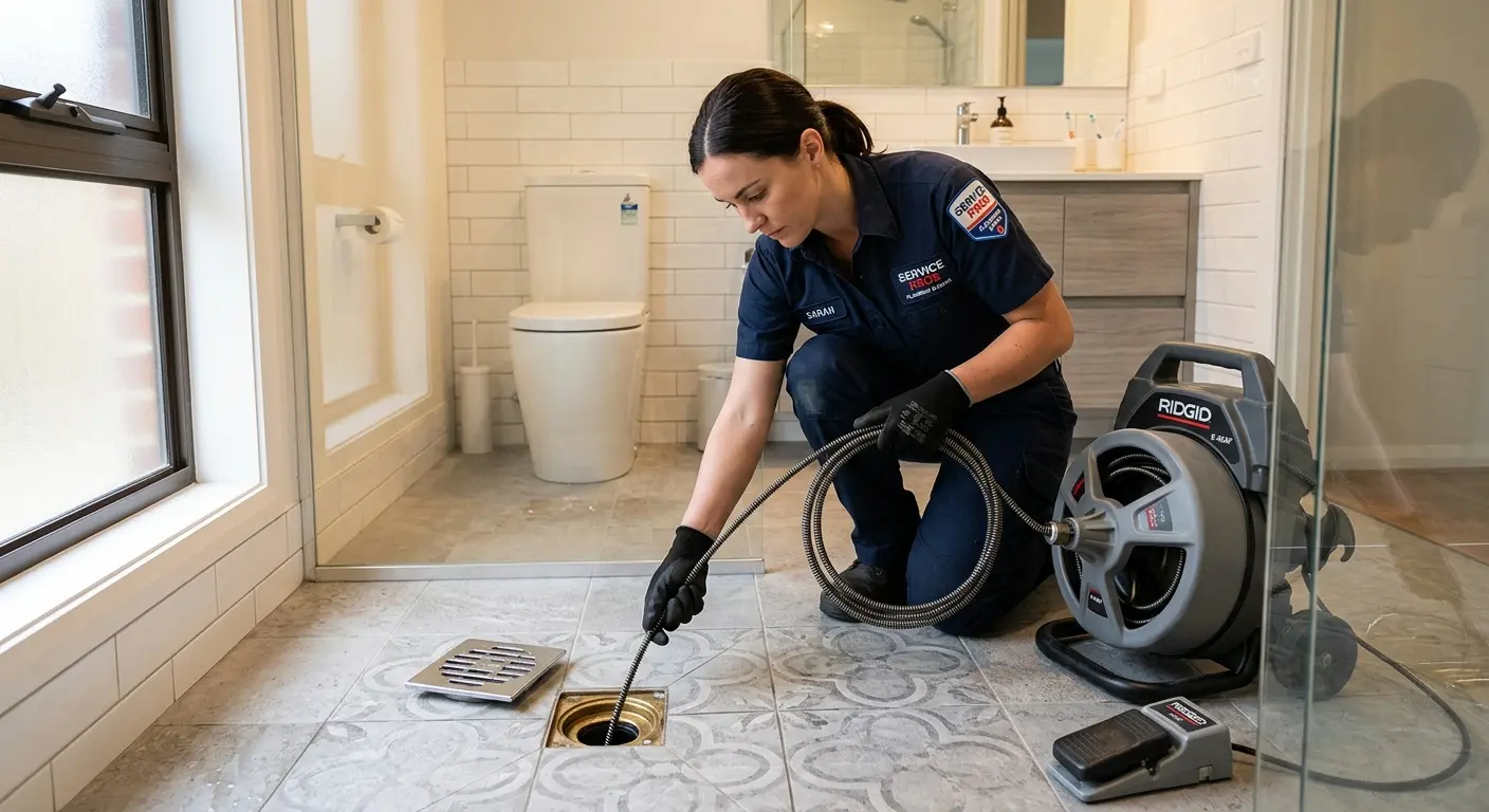 Technician clearing a bathroom floor drain for Clogged Drain Repair in Mila Doce